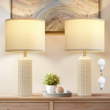 NATYSWAN 24.8" Modern Ceramic Bedside Lamp Set of 2, 3 Color Temperature Bulbs Included - Farmhouse Nightstand Lamps for Living Room Bedroom End Table Office Entryway, Off-White