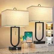 NATYSWAN  24'' Table Lamps Set of 2 with USB C+A Ports, 3-Way Dimmable Tall Modern Lamps for Night Stands, Contemporary Lamp for Living Room Home Office, Pull Chain Switch&2 LED Bulbs Included