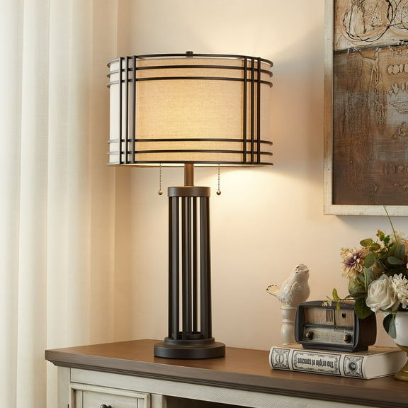 NATYSWAN 29.8-Inch Industrial Table Lamp with Pull-Chain Switch,Wide Drum Shade for Living Room, Bedroom, Office（Not Included Bulb）