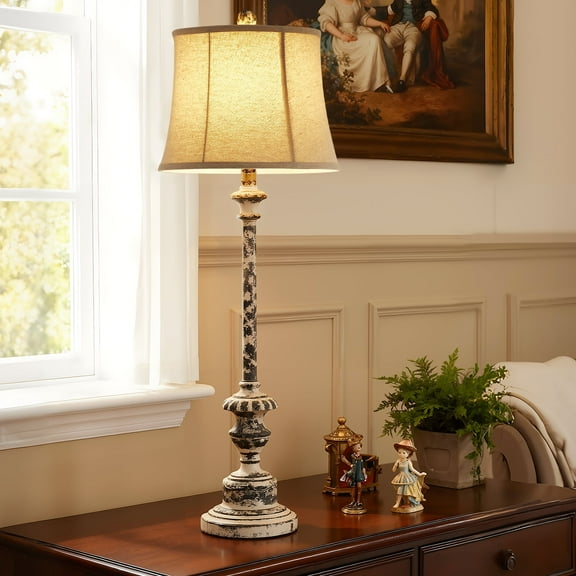 NATYSWAN 34 Inch Table Lamp with Linen Shade, Includes 9W A19 LED Bulb, Rotary Switch, for Bedroom, Living Room, Indoor Use