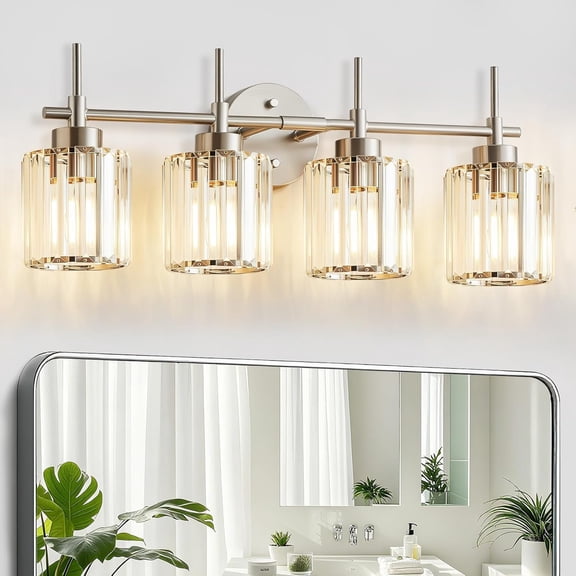 NATYSWAN Crystal Bathroom Vanity Lights(Bulbs Not Included), 4 Light Bath Mirror Light Brushed Nickel Round Crystal Wall Mount Light Fixture Over Mirror Morden for Living Room