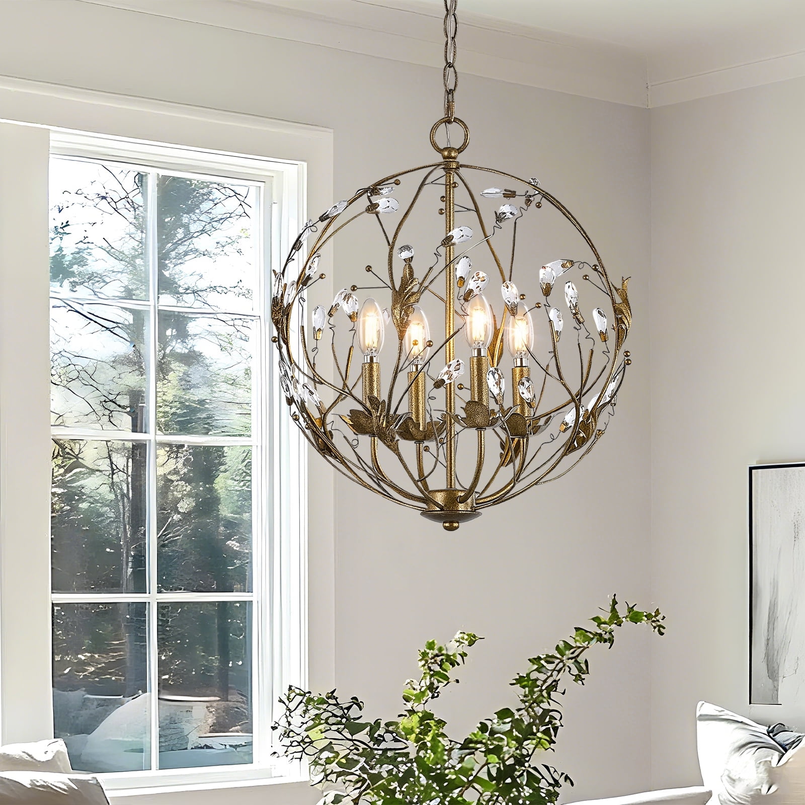 NATYSWAN Crystal Chandelier Ceiling Light with 4 Lights (Bulbs Not Included), E12 Base Max 60W Each, USB-A & USB-C Charging Ports, 60 Inch Chain, for Indoor Dining Room, Foyer, Kitchen