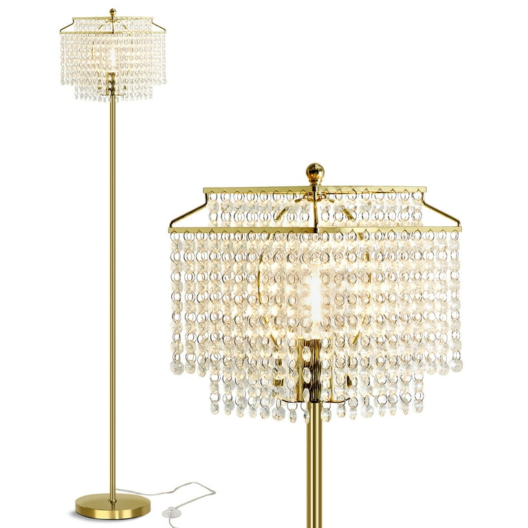 NATYSWAN Crystal Floor Lamp Gold Double Layer Lampshade Elegant Standing Lamp with On Off Foot Switch Tall Standing Lamps for Living Room Bedroom