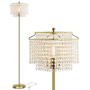 NATYSWAN Gold Crystal Floor Lamp , Modern Standing Lamps with Double-Layer Lampshade, on-off Foot Switch, for Living Room, Bedroom, Office, 8W Bulb Included