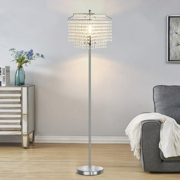 NATYSWAN Crystal Floor Lamp Silver, Modern Standing Lamps with Double-Layer Lampshade, on-off Foot Switch, Silver Finish Tall Pole Lamp for Living Room, Bedroom, Office, 8W Bulb Included