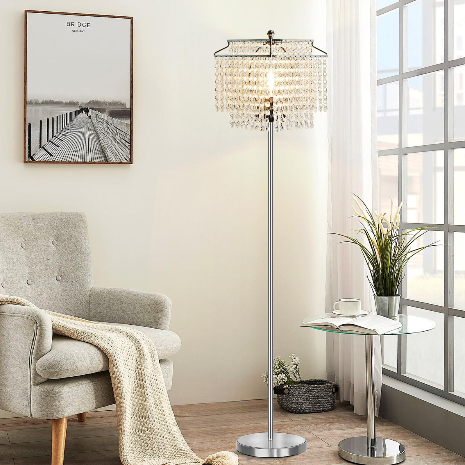 NATYSWAN Crystal Floor Lamp Silver, Modern Standing Lamps with Double ...