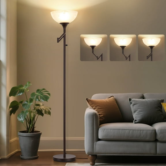 NATYSWAN Floor Lamp for Living Room - 70" Brown Vintage Torchiere Standing Lamps with Glass Shade - Tall Corner Lamp for Bedroom with Adjustable Swing Arm LED Reading Light