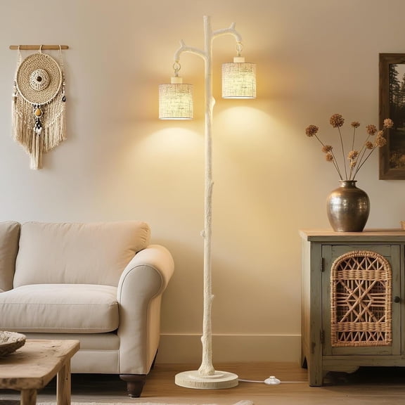 NATYSWAN Floor Lamp for Living Room - 69" Rustic Farmhouse Tree Trunk Tall Lamp - Country Vintage Reading Light with Linen Shade Standing Lamps for Bedroom Office Home Decor