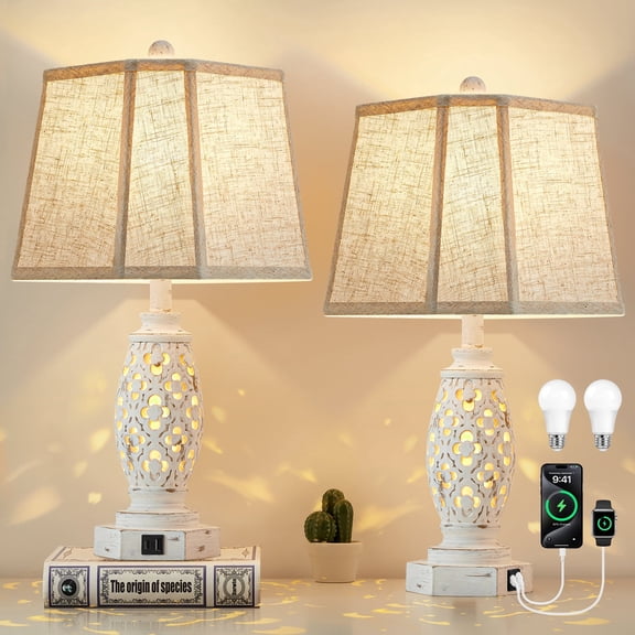 NATYSWAN Lamps for Night Stands Set of 2-23.5" Bedside Lamp with USB A+C and Nightlight - Rustic Farmhouse Table Lamp for Bedrooms, End Tables, Living Room - French Country Decor, Bulbs Included
