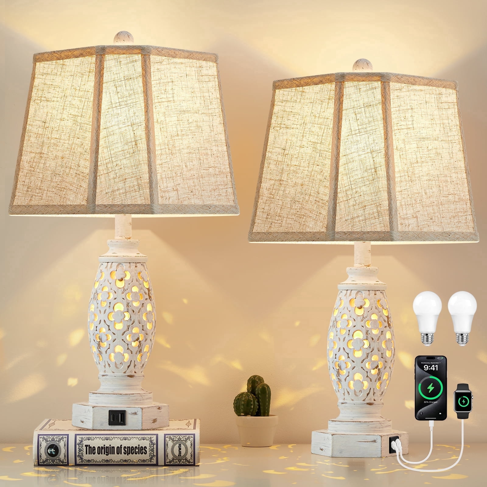 NATYSWAN 23.5" Lamps for Night Stands Set of 2 with USB A+C and Nightlight - Rustic Farmhouse Table Lamp for Bedrooms, End Tables, Living Room - French Country Decor, Bulbs Included.