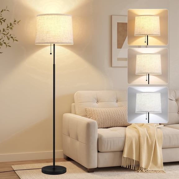 NATYSWAN Modern Black 60 Inch Fabric Shade Floor Lamp Pull Chain Adjustable Color Light with Bulb for Bedroom Living Room
