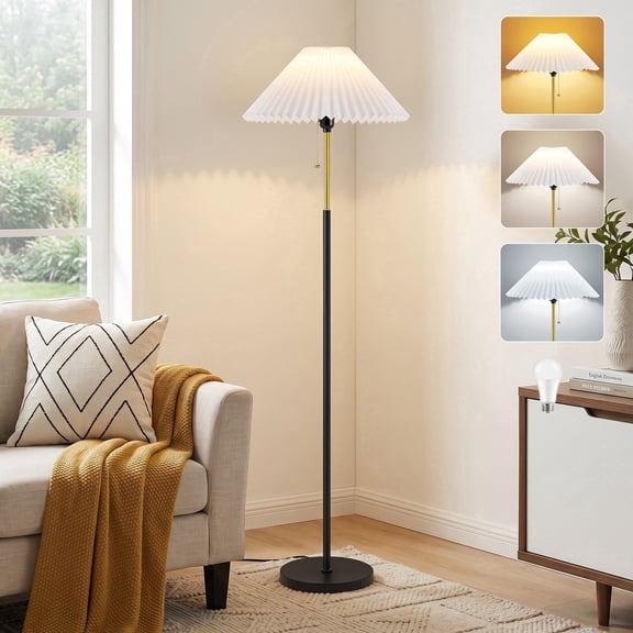 NATYSWAN Floor Lamp for Bedroom, 59.5" Modern Floor Lamp Adjustable Color Temperature, Linen Shade Simple Rustic Tall Lamp Pull Chain Switch Standing Lamp for Living Room Office Corner
