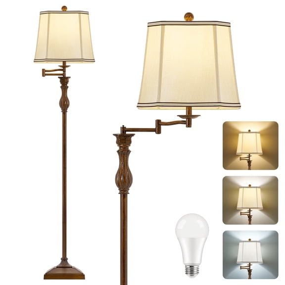 NATYSWAN 62" Floor Lamp for Living Room with 350°Adjustable Swing Arm, Vintage Farmhouse Standing Lamp with Linen Shade, Weighted Base for Living Room Bedroom Office Reading, Brown