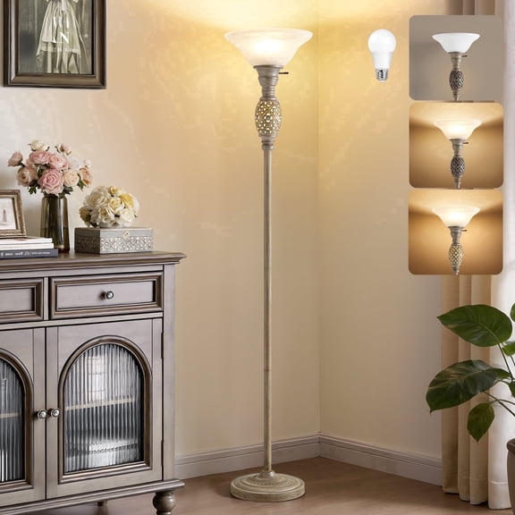 NATYSWAN 70 Inch Victorian Torchiere Floor Lamp with Night Light Rotary Switch Etched Glass Shade Vintage Light for Living Room Bedroom Office