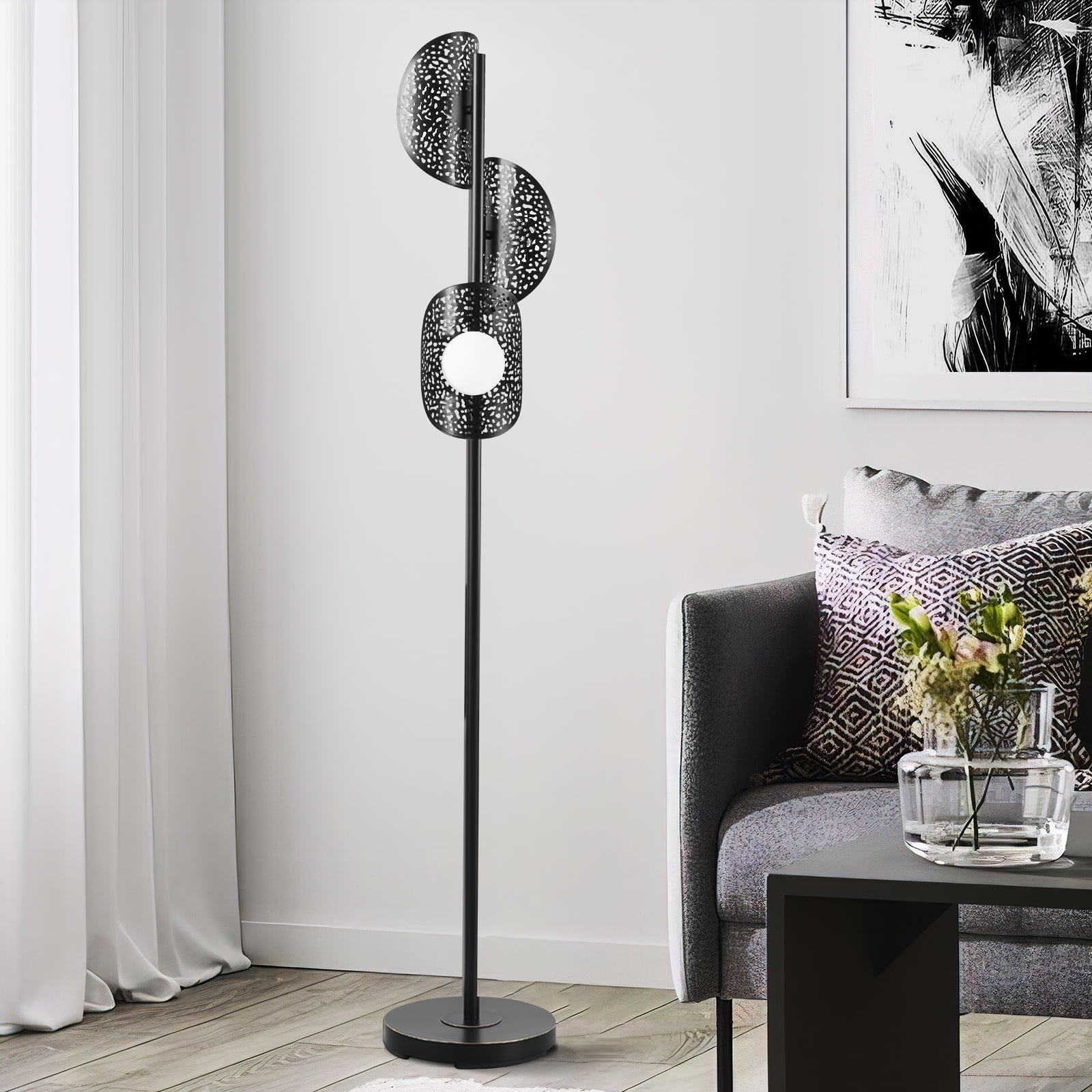 40W Modern Adjustable Black Metal E27 Socket Floor Lamp With Rotatable Arm And Lamp Head, 190cmH