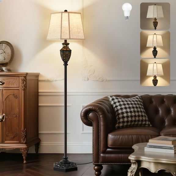 NATYSWAN Vintage Black Floor Lamp,Resin Tall Standing Lamp with 6-Sided Carved Hollow Nightlight,63in Reading Lamps for Living Room, Bedroom