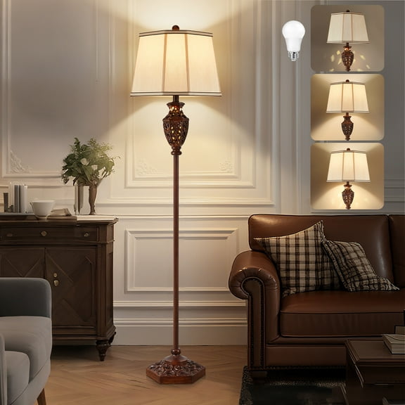 NATYSWAN Vintage Floor Lamp for Living Room,63in Resin Brown Standing Lamp with 6-Sided Carved Hollow Light Design,Mid-Century Tall Lamps for Bedroom, Study