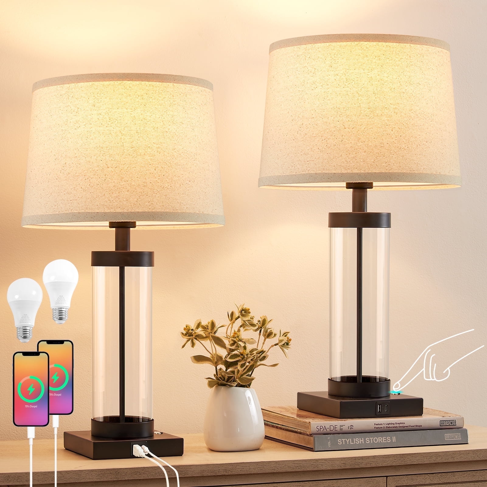 NATYSWAN Glass Table Lamps Set of 2 ,3 Way Dimmable Nightstand Touch Lamps for Living Room,Modern Bedside Reading Lights with USB Ports