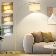 NATYSWAN Gold Modern Arc Floor Lamp, Tall Pole Lamp with On/Off Foot Switch, Adjustable Hanging Drum Shade, over Couch Arched Reading Light for Bedroom, Office