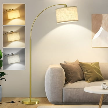 NATYSWAN Gold Modern Arc Floor Lamp, Tall Pole Lamp with On/Off Foot Switch, Adjustable Hanging Drum Shade, over Couch Arched Reading Light for Bedroom, Office