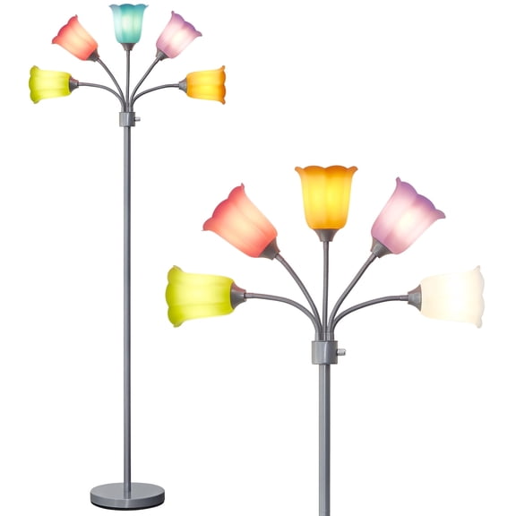 NATYSWAN Medusa LED Floor Lamp, Multi Head Modern Tall Lamp with Adjustable Gooseneck Standing Lamps Led Tall Lamp for Living Room Bedroom Kids Room Office 6 Color Lampshades Bulb Not Included Silver