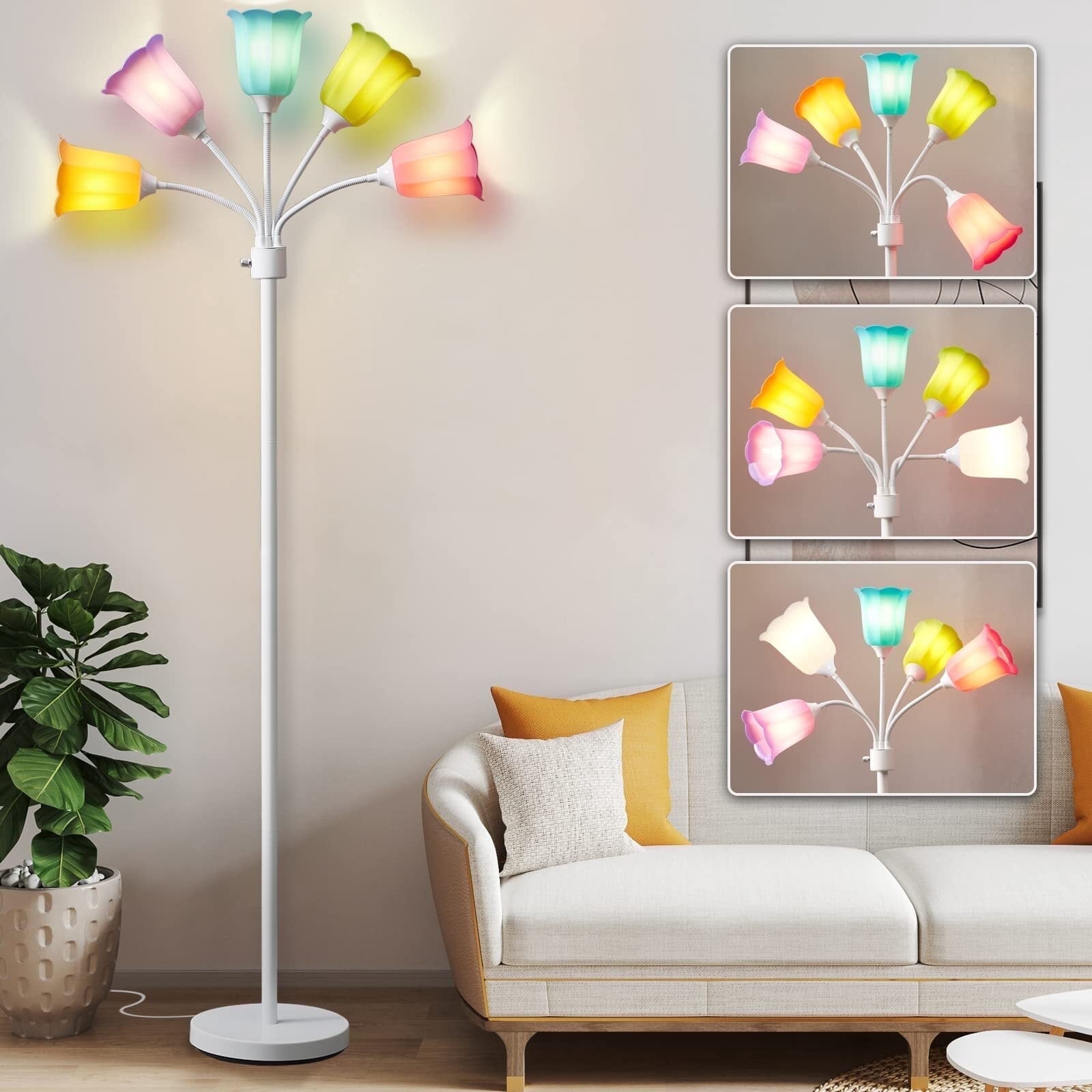 NATYSWAN Medusa LED Floor Lamp, Multi Head Modern Tall Lamp with Adjustable Gooseneck Standing Lamps Led Tall Lamp for Living Room Bedroom Kids Room Office 6 Color Lampshades Bulb Not Included