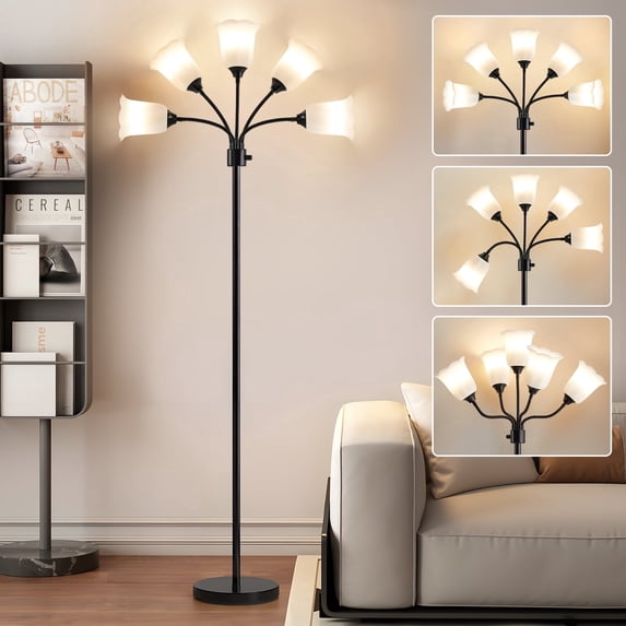 NATYSWAN Medusa LED Floor Lamp, Multi Head Modern Tall Lamp with Adjustable Gooseneck Standing Lamps for Living Room Bedroom Kids Room Office 5 White Lampshades Bulb Not Included(Black)
