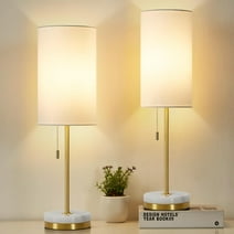NATYSWAN Minimalist Table Lamp Set of 2, Nightstand Lamp for Bedroom Living Room, Modern Pull Chain Bedside Lamp with Marble Base, Fabric Shade, Small Desk Lamp for Home, Office, Reading