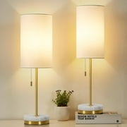NATYSWAN Minimalist Table Lamp Set of 2, Nightstand Lamp for Bedroom Living Room, Modern Pull Chain Bedside Lamp with Marble Base, Fabric Shade, Small Desk Lamp for Home, Office, Reading