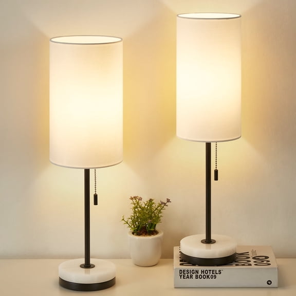 NATYSWAN Minimalist Table Lamp Set of 2, Modern Pull Chain Bedside Lamp with Marble Base, Fabric Shade, for Home, Office, Reading