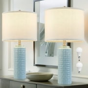 NATYSWAN 24.8" Modern Ceramic Bedside Lamp Set of 2, 3 Color Temperature Bulbs Included - Farmhouse Nightstand Lamps for Living Room Bedroom End Table Office Entryway, Cyan