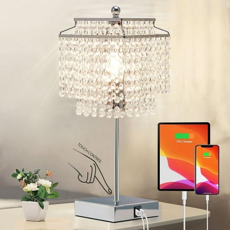NATYSWAN Modern Touch Table Lamp,Sliver Bedside Lamp with Dual USB Charging Ports, 3-Way Dimmable Nightstand Lamp with Crystal Shade for Girls Bedroom, Living Room
