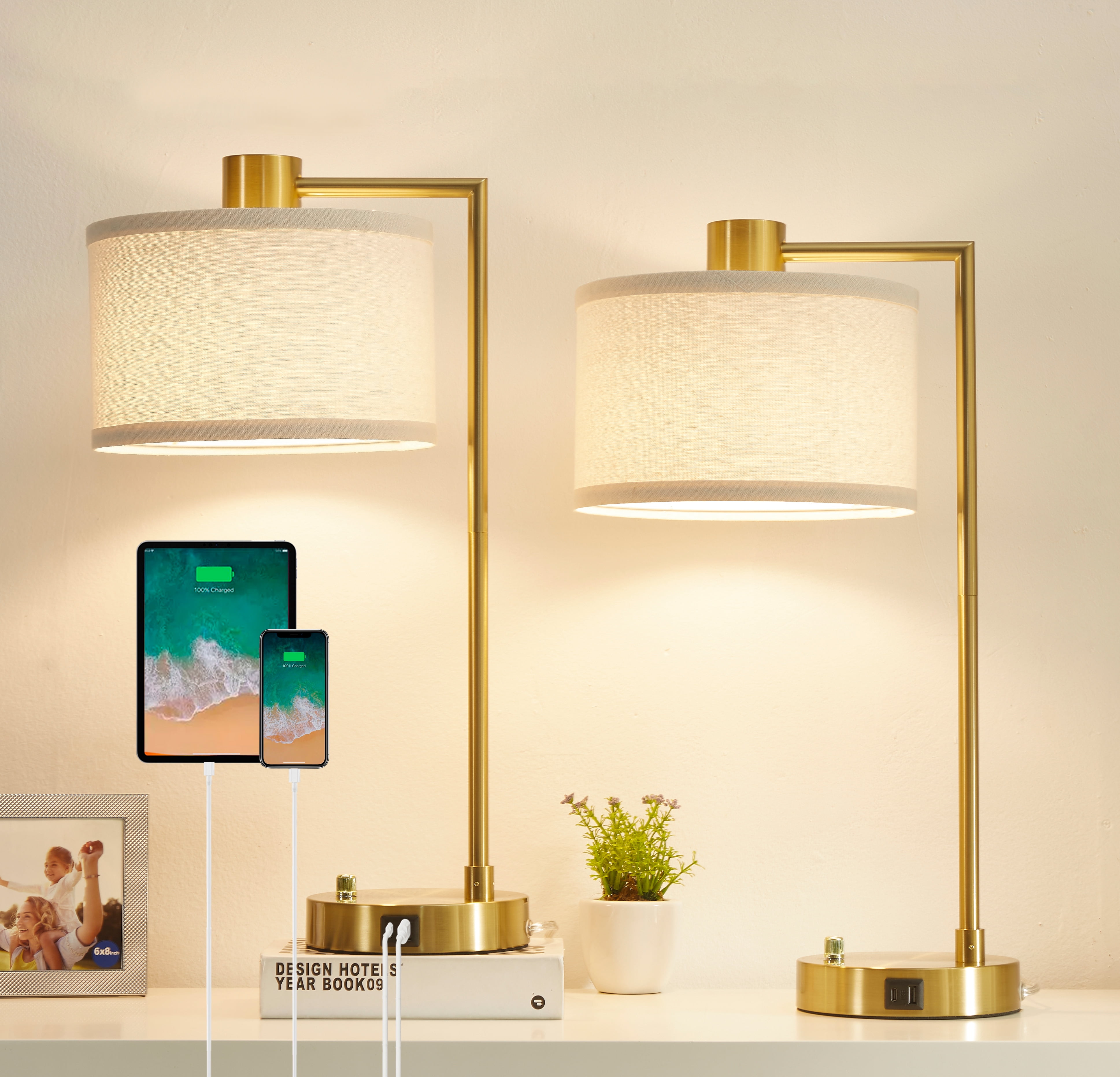 NATYSWAN Table Lamp for Bedroom Set of 2 with USB C+A Ports, Fully Stepless Dimmable Bedside Lamp with Linen Lampshade, Nightstand Lamp for Living Room Reading Office, 2 LED Bulbs Included (Gold)
