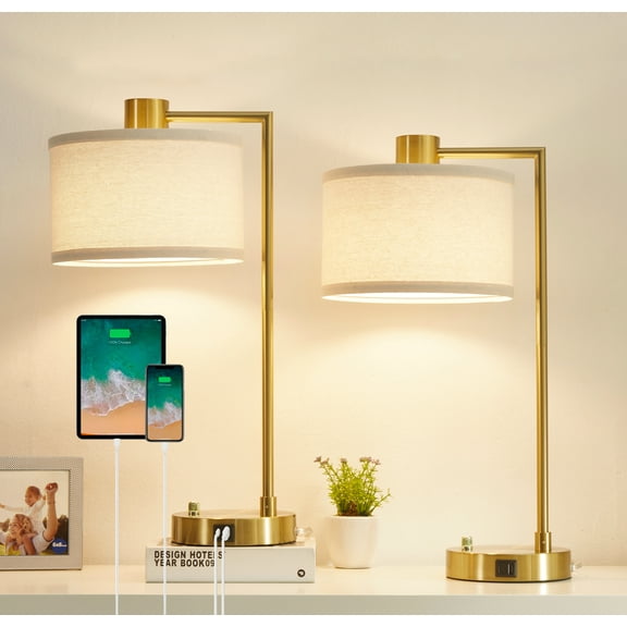 NATYSWAN Table Lamp for Bedroom Set of 2 with USB C+A Ports, Fully Stepless Dimmable Bedside Lamp with Linen Lampshade, Nightstand Lamp for Living Room Reading Office, 2 LED Bulbs Included (Gold)