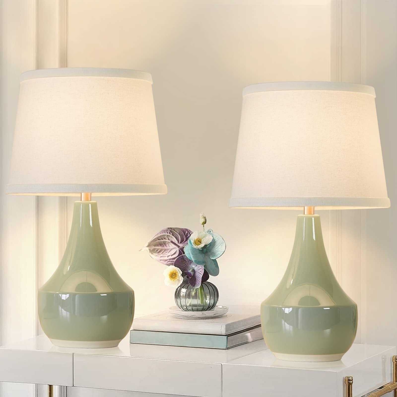 NATYSWAN Set of 2 Ceramic Table Lamps, Nightstand Lamps for Living Room ...