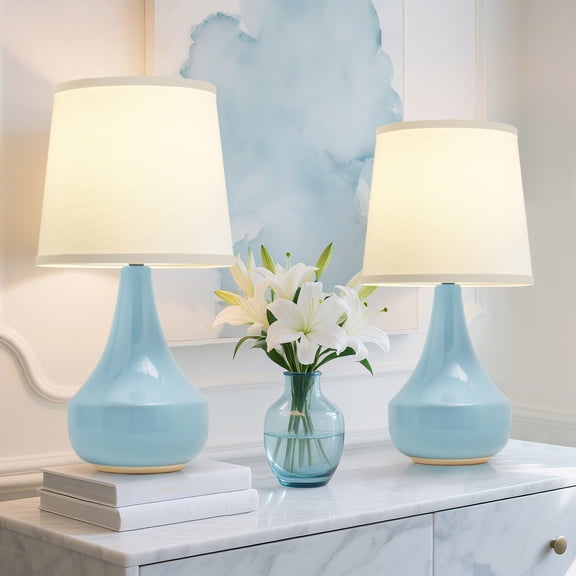 NATYSWAN Table Lamp Set of 2, 21.8” Ceramic Lamp Classic Beside Lamps Nightstand Lamp Modern Cute Lamp for Living Room, Bedroom & Office Rocker Swtich Cream-LED Bulbs Included