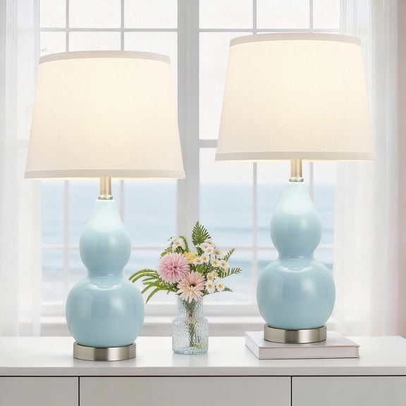 NATYSWAN Table Lamp Set of 2, Ceramic Table Lamp Classic Beside Lamps Nightstand Lamp Modern Table Lamp for Living Room, Bedroom & Office Rocker Swtich Sky Blue-LED Bulbs Included