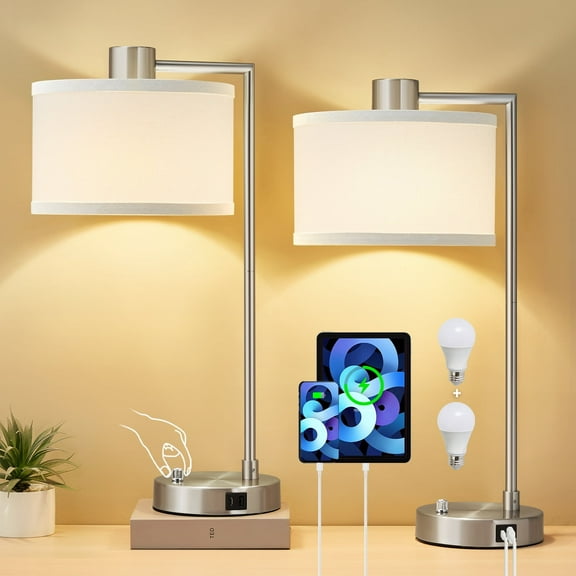 NATYSWAN Table Lamp for Bedroom Set of 2 with USB C A Bedside Lamp with Linen Lampshade 2 LED Bulbs Included (Silver)
