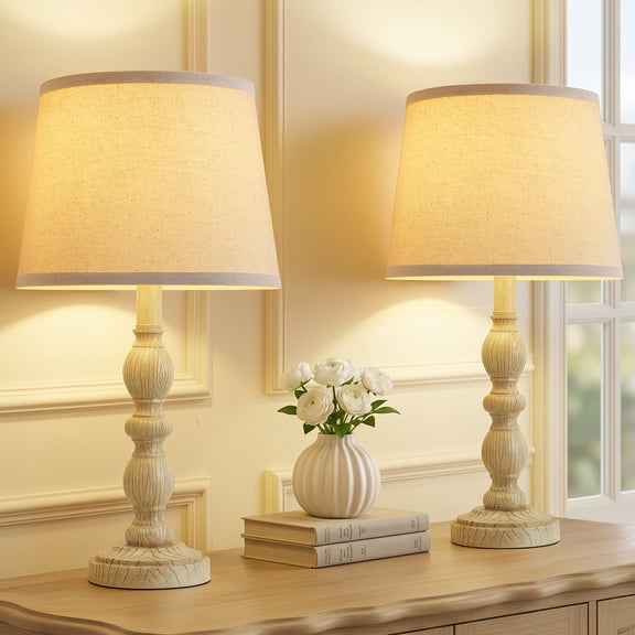 NATYSWAN Table Lamps for Nightstand Set of 2, 20.5" Farmhouse Lamps for Bedroom, Small Desk Lamps for Living Room, Linen Shades, Knob Switch, Bedside Lamps for Reading, Office