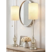 NATYSWAN Table Lamps Set of 2 - 28" Tall Skinny Brushed Nickel Finish Resin Table Lamp for Living Room,Traditional Candlestick Lamp with Pull Chain for Console 
