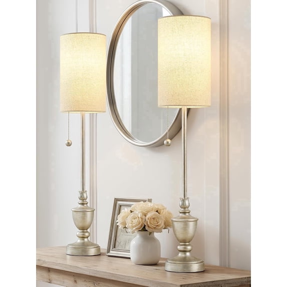 NATYSWAN Table Lamps Set of 2 - 28" Tall Skinny Brushed Nickel Finish Resin Table Lamp for Living Room,Traditional Candlestick Lamp with Pull Chain for Console Table,Dining Room