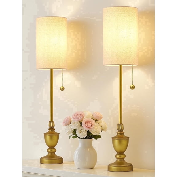 NATYSWAN Table Lamps Set of 2 - 28" Tall Skinny Brushed Nickel Finish Resin Table Lamp for Living Room,Traditional Candlestick Lamp with Pull Chain for Console Table,Dining Room