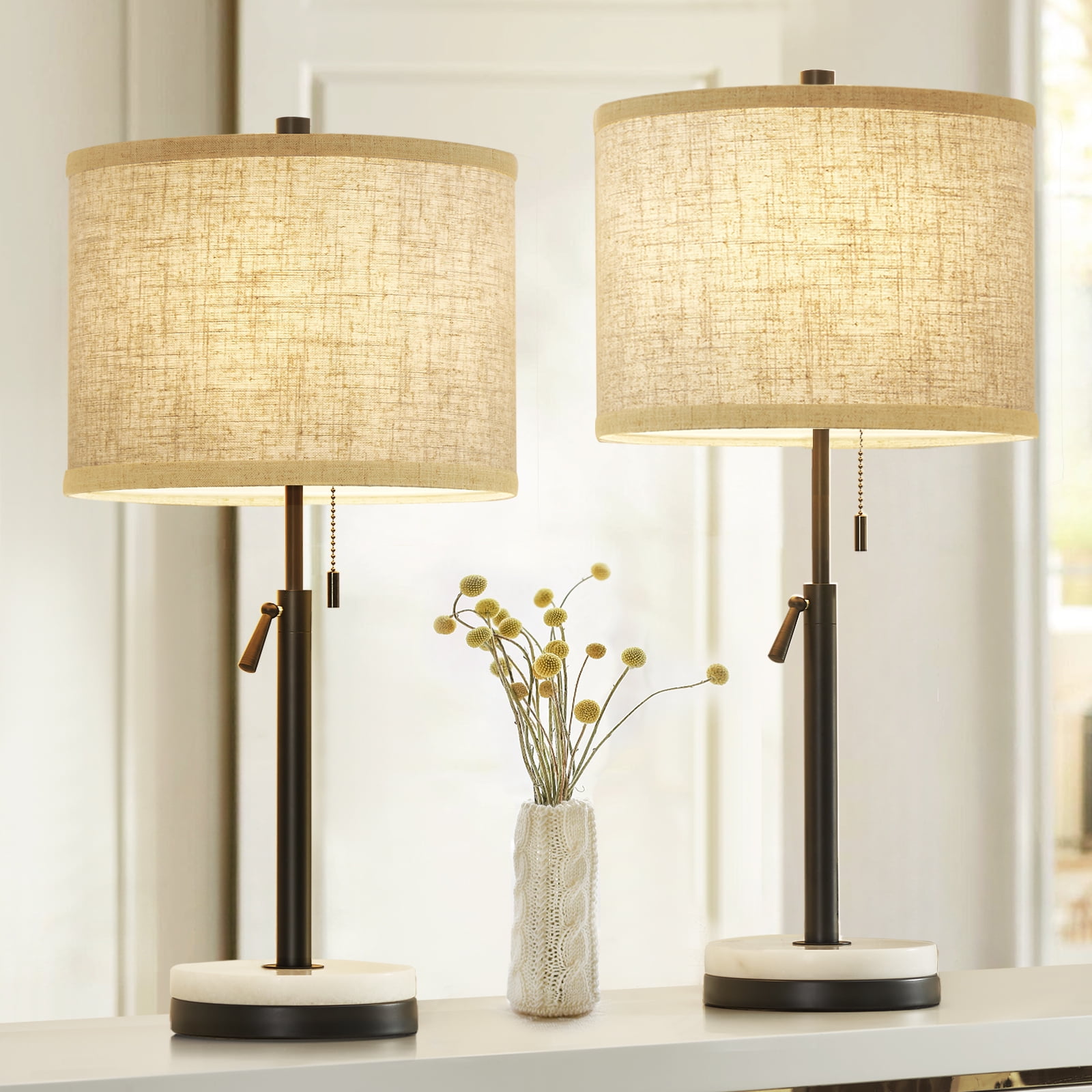 NATYSWAN Table Lamps Set of 2, Adjustable Height Bedside Lamps Marble Table Lamps with Pull