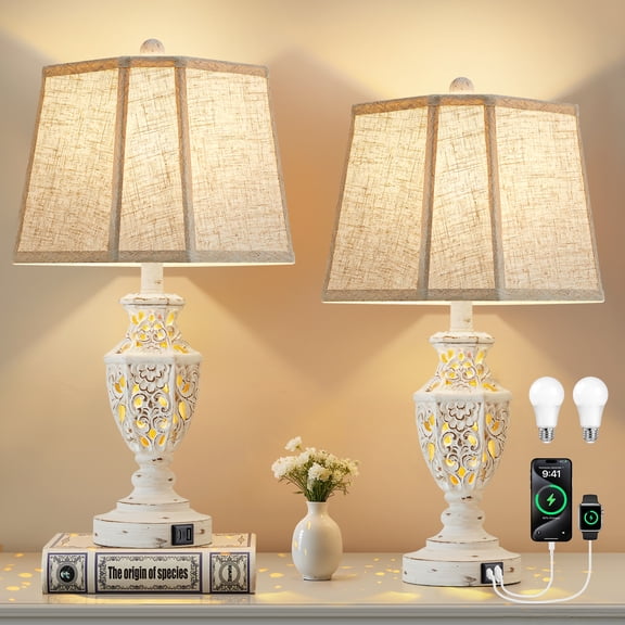 NATYSWAN Table Lamps Set of 2, 23.5"Bedside Lamp with USB A+C and Nightlight, Cream Modern Resin End Lamps for Bedroom Living Room