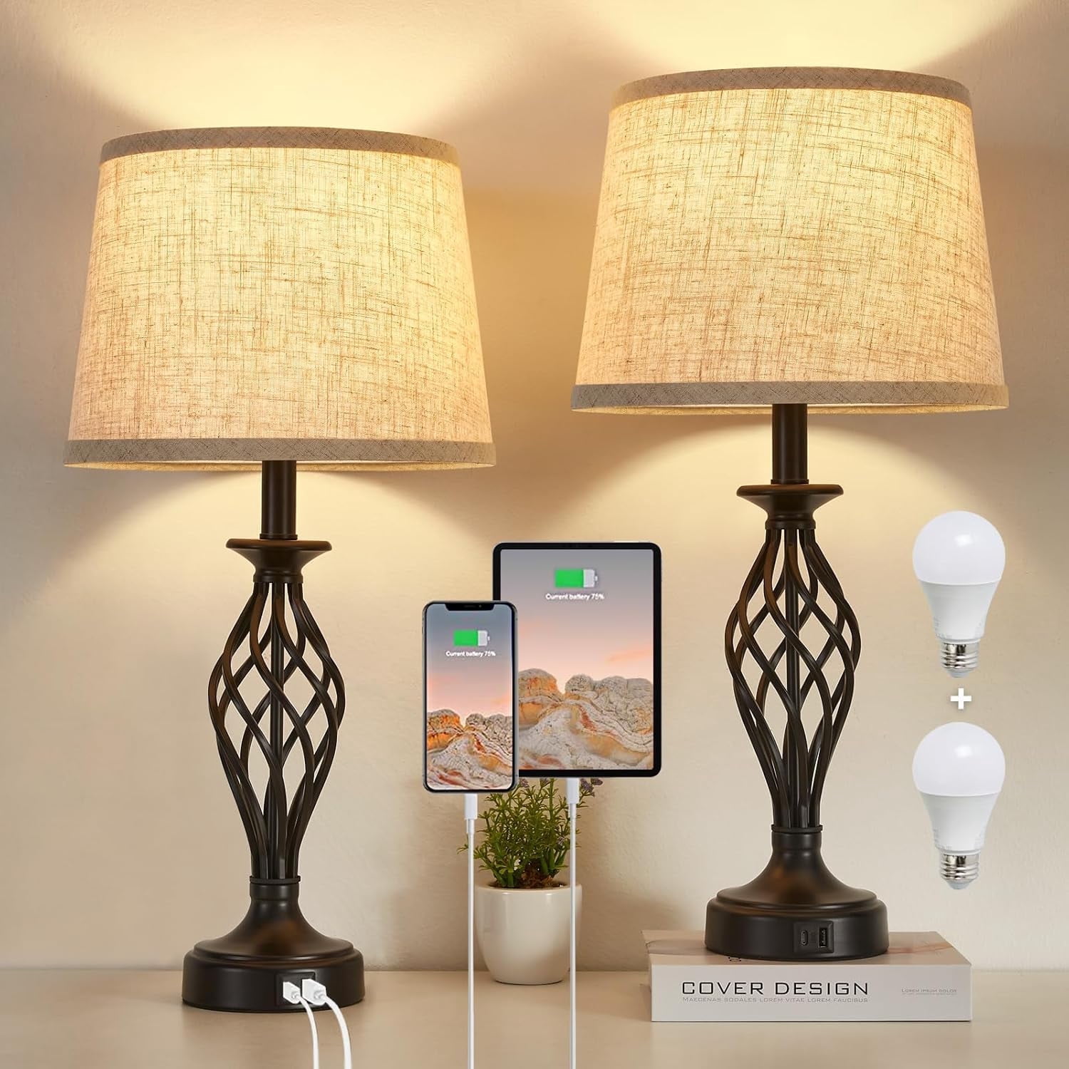 NATYSWAN Table Lamps Set of 2 with USB C+A Ports, Modern Bedside Lamps with Spiral Cage Base, Fabric Shade, Nightstand Lamp for Living Room Bedroom