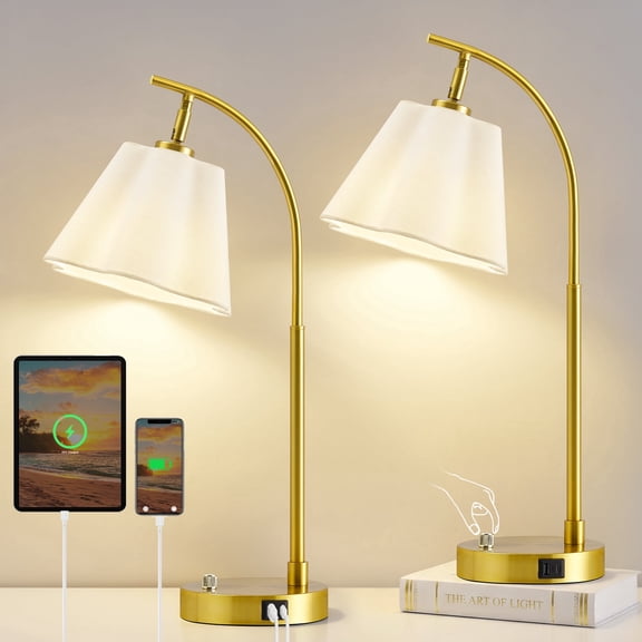 NATYSWAN Table Lamp for Bedroom Set of 2,Dimmable Beside Lamps with USB C A Ports,Gold Nightstand Lamps with adjustable Head  for Bedroom Living Room