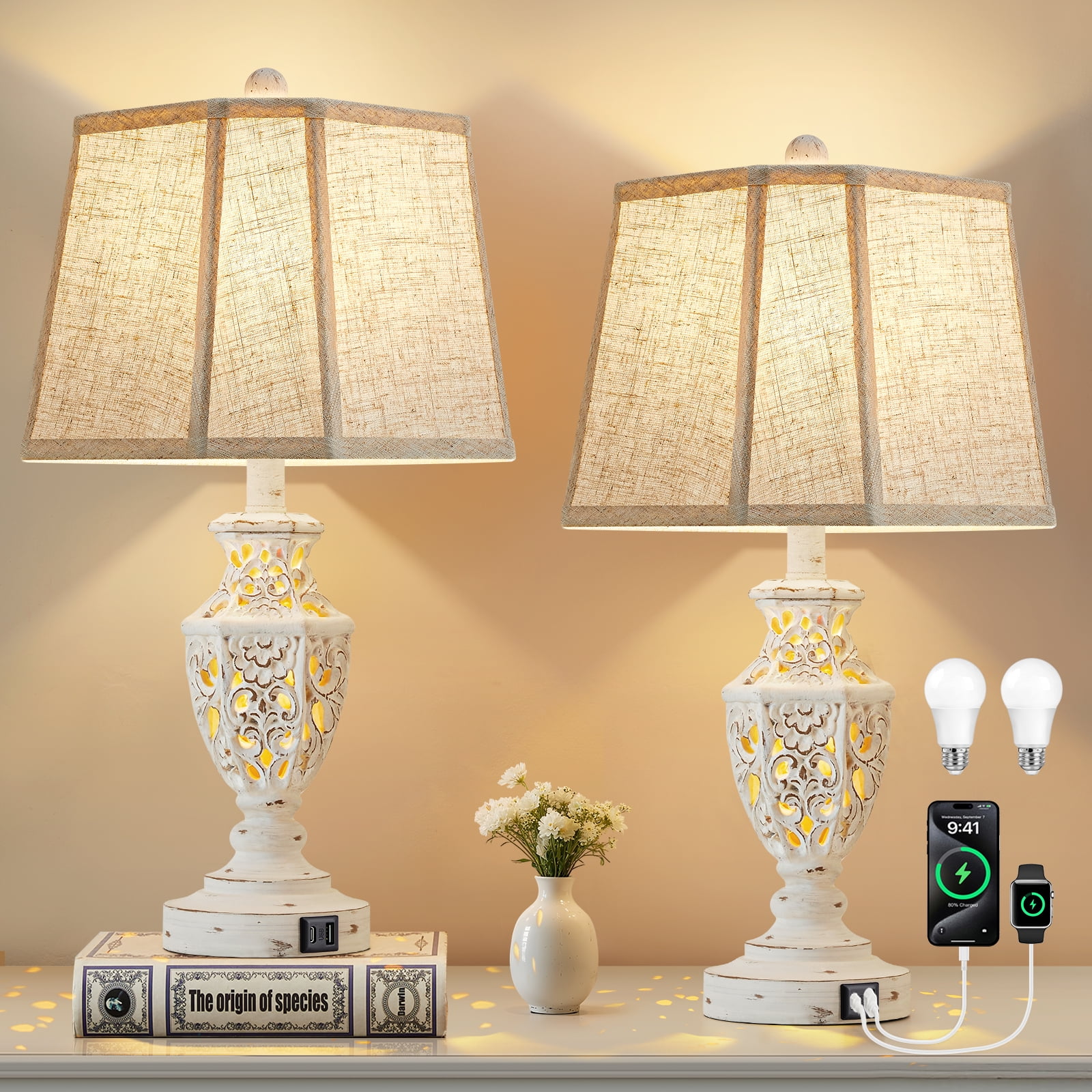 NATYSWAN Table Lamps Set of 2, 23.5"Bedside Lamp with USB A+C and Nightlight, Cream Modern Resin End Lamps for Bedroom Living Room