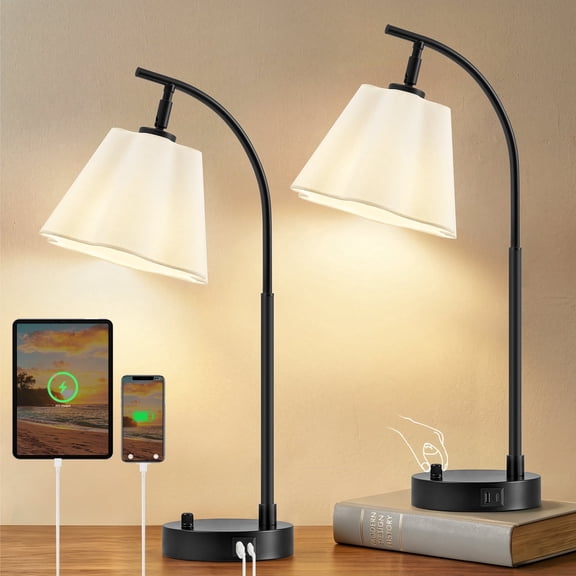 NATYSWAN Table Lamp for Bedroom Set of 2,Dimmable Beside Lamps with USB C+A Ports,Black Nightstand Lamps with adjustable Head for Bedroom Living Room