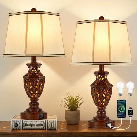 NATYSWAN Lamps for Night Stands Set of 2-23.5" Vintage Bedside Lamp with USB A C and Nightlight - Brown Retro Carved Resin Farmhouse Desk Lamp for Bedrooms Living Room