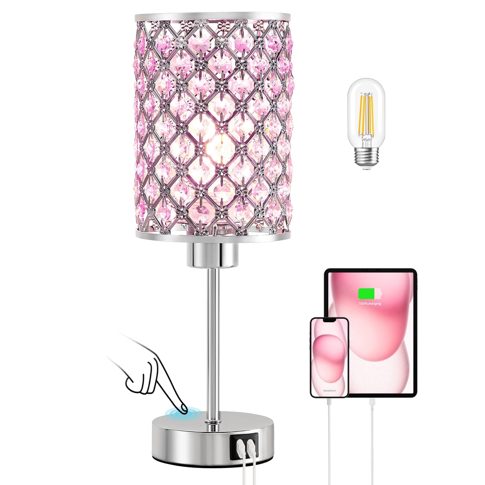 NATYSWAN Touch Crystal Table Lamp, 3-Way Dimmable Nightstand Lamp with USB Ports,Modern Bedside Lamp for Bedroom, Living Room,Pink